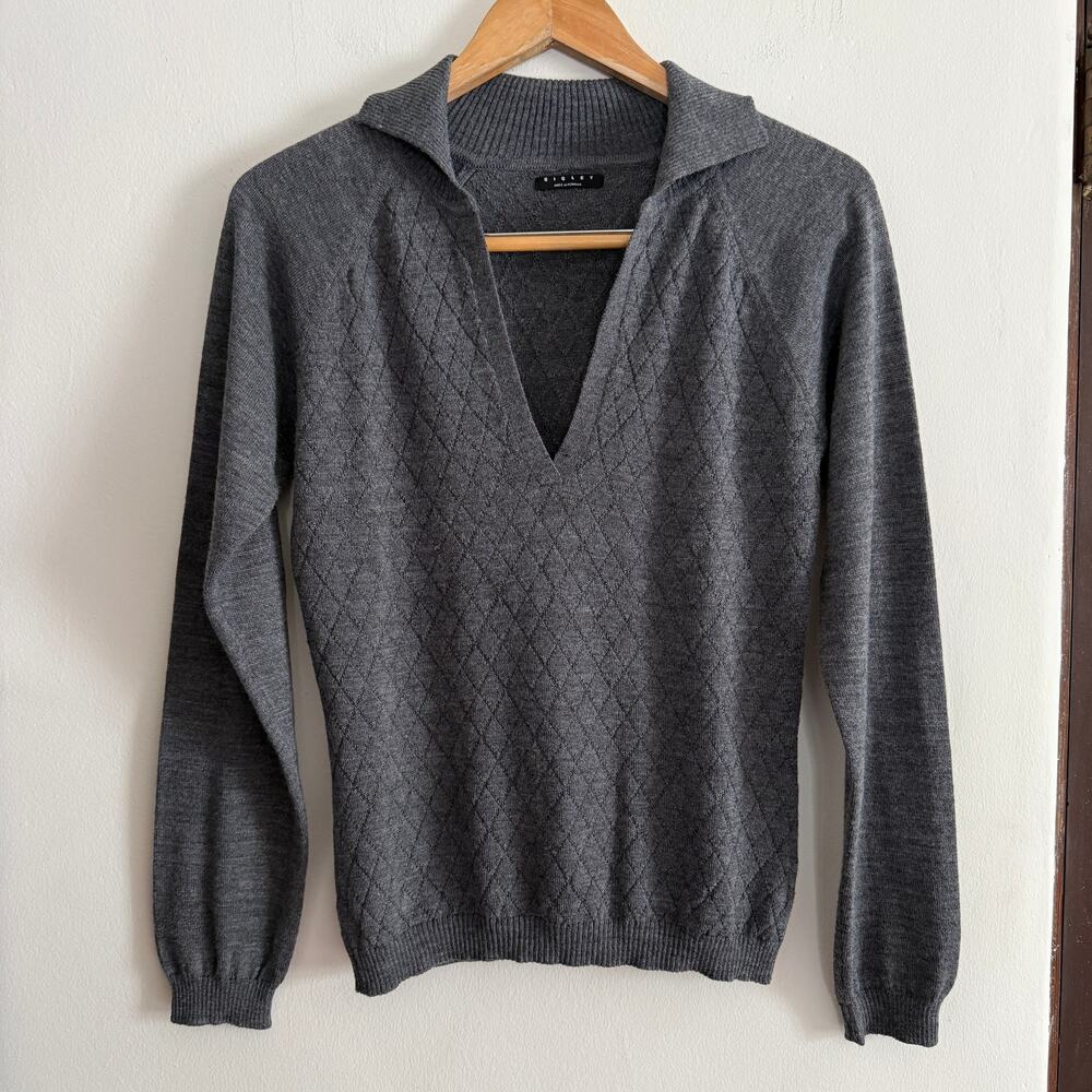 SISLEY Paris | Gray Diamond Knit Wool Blend Polo Sweater | Large